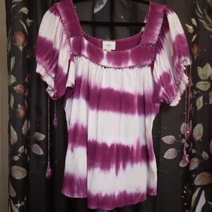 ECI Purple and White Striped Tie Dye Boho Blouse